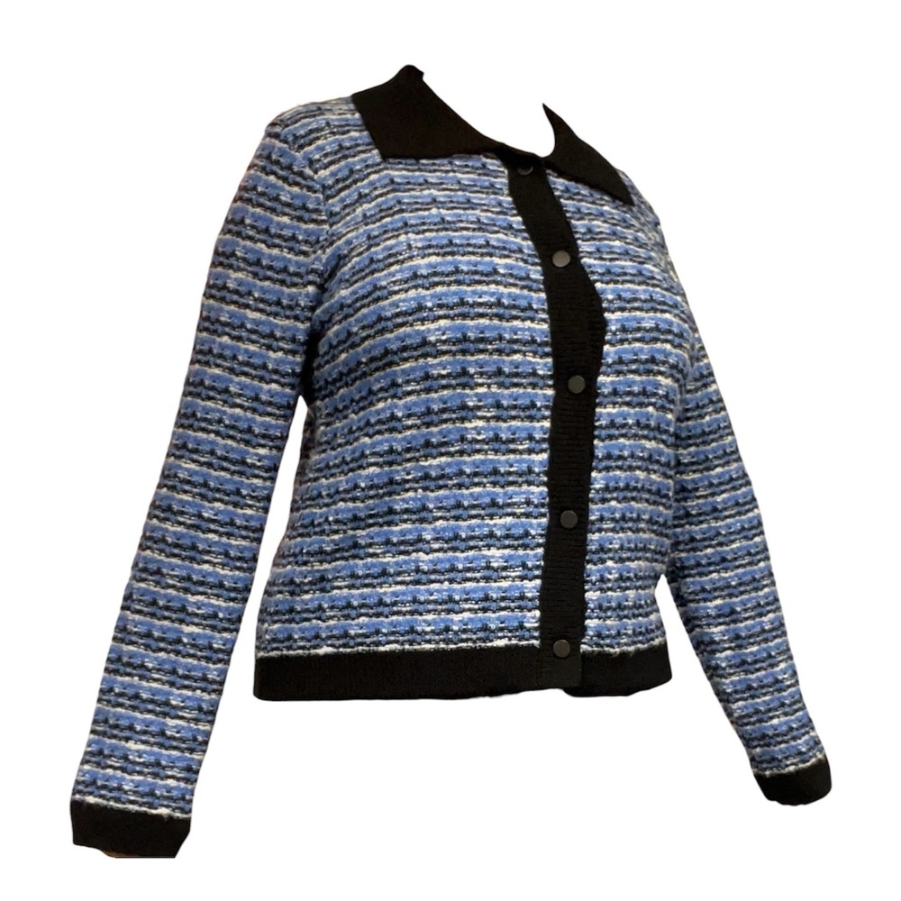 T Tahari Women’s XL Blue Striped Knit Cardigan Sweater with Black Trim ButtonUp